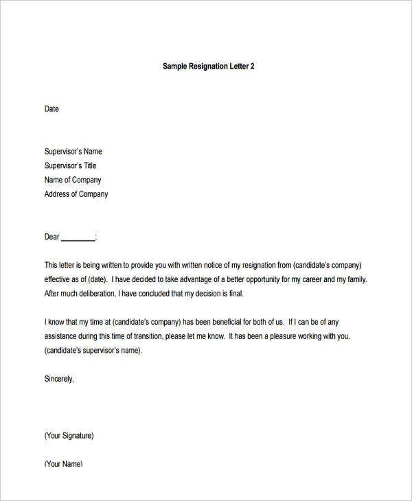 templates for letter of resignation